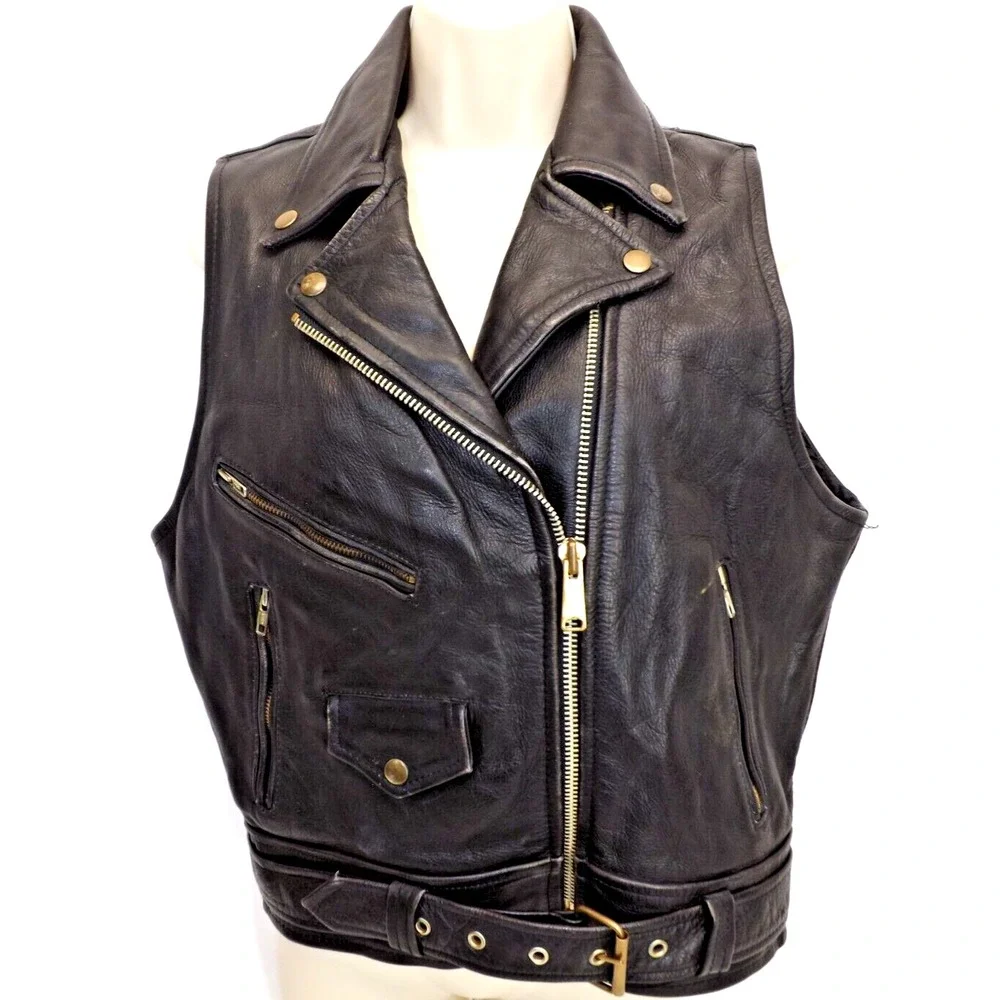 Leather Men Real Leather Heavy Black Motorcycle vest - LADIES size LARGE